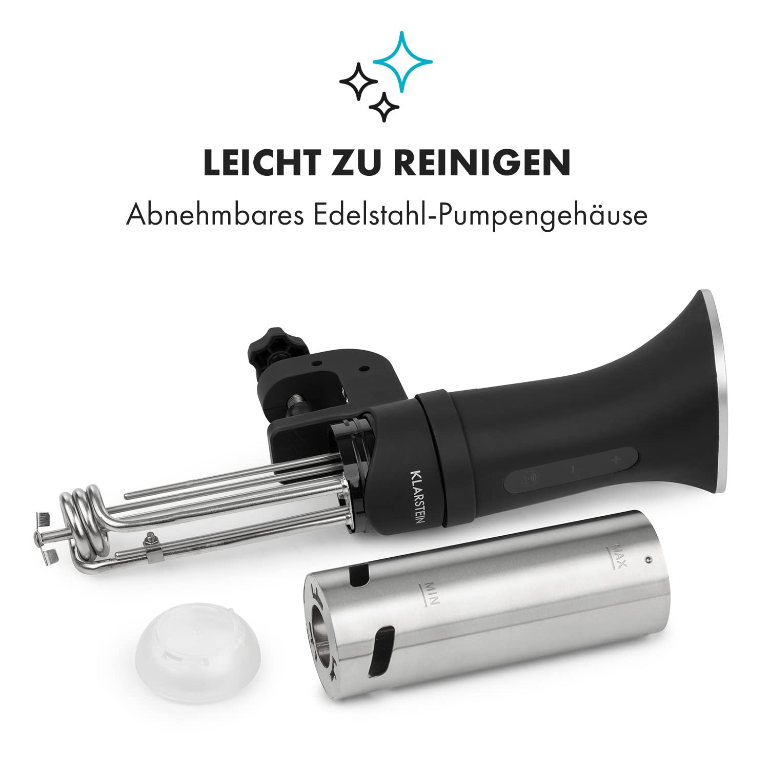 Klarstein Sous Vide Garer, Effizienter Sous Vide Stick, Sous-Vide-Garer, Sous Vide Garer Stick, 1200 W, 20-95°C, Timer, App-Steuerung, Touch-Display, 3D Circulation, 10-15 Liter, Edelstahl, Schwarz
