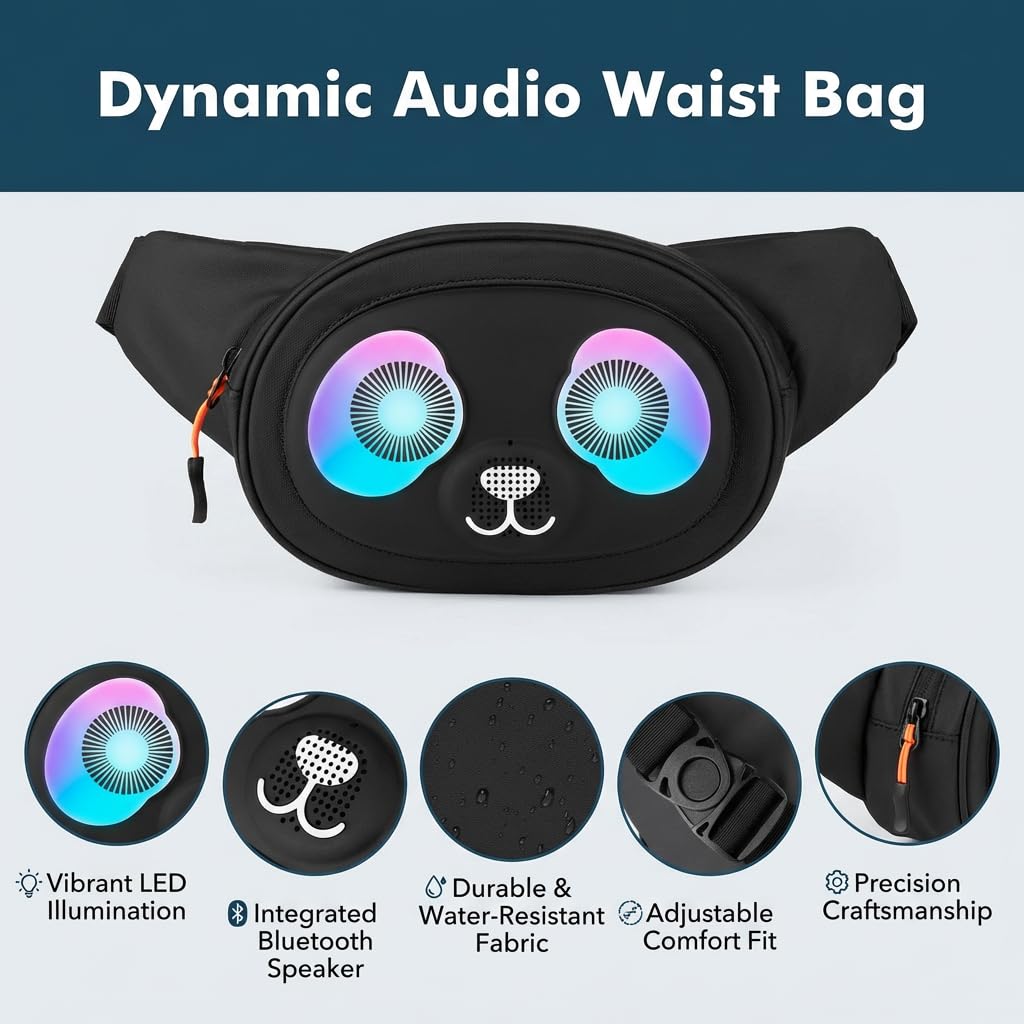 Gelrova Regenfeste Bauchtasche mit Lautsprecher und LED-Lichtern – spritzwassergeschützte Hüfttasche, Schnellverschlussgurt, Musik-Synchronisations-Augenlichter, für Freizeitausflüge PandaSync