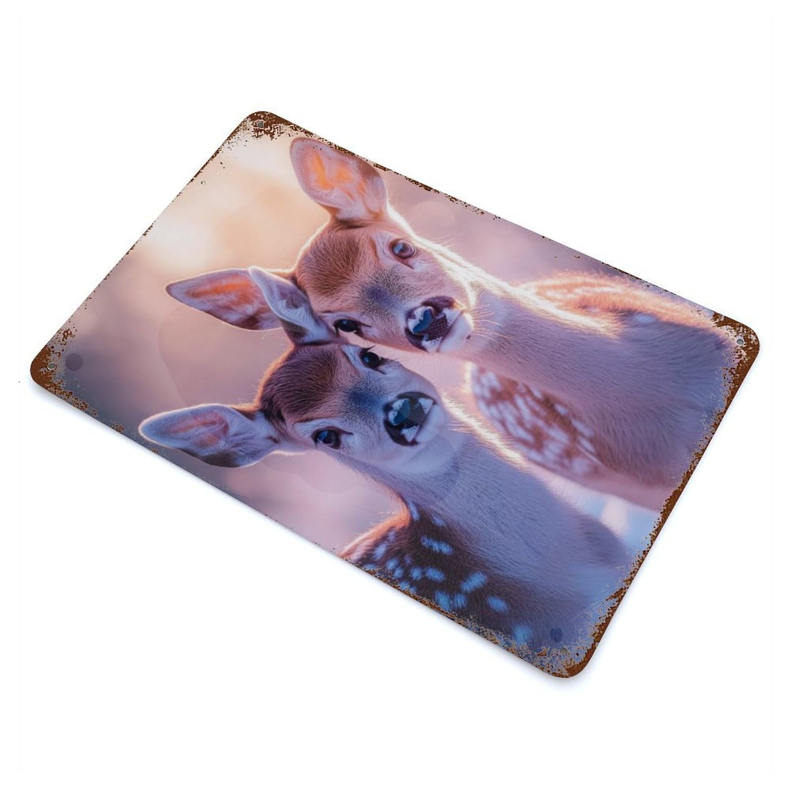 Two Fawn Deer Portrait Vintage Wall Sign 11.8"x7.9", Rust Effect Metal Decor for Living Room, Hallway And Home Decor