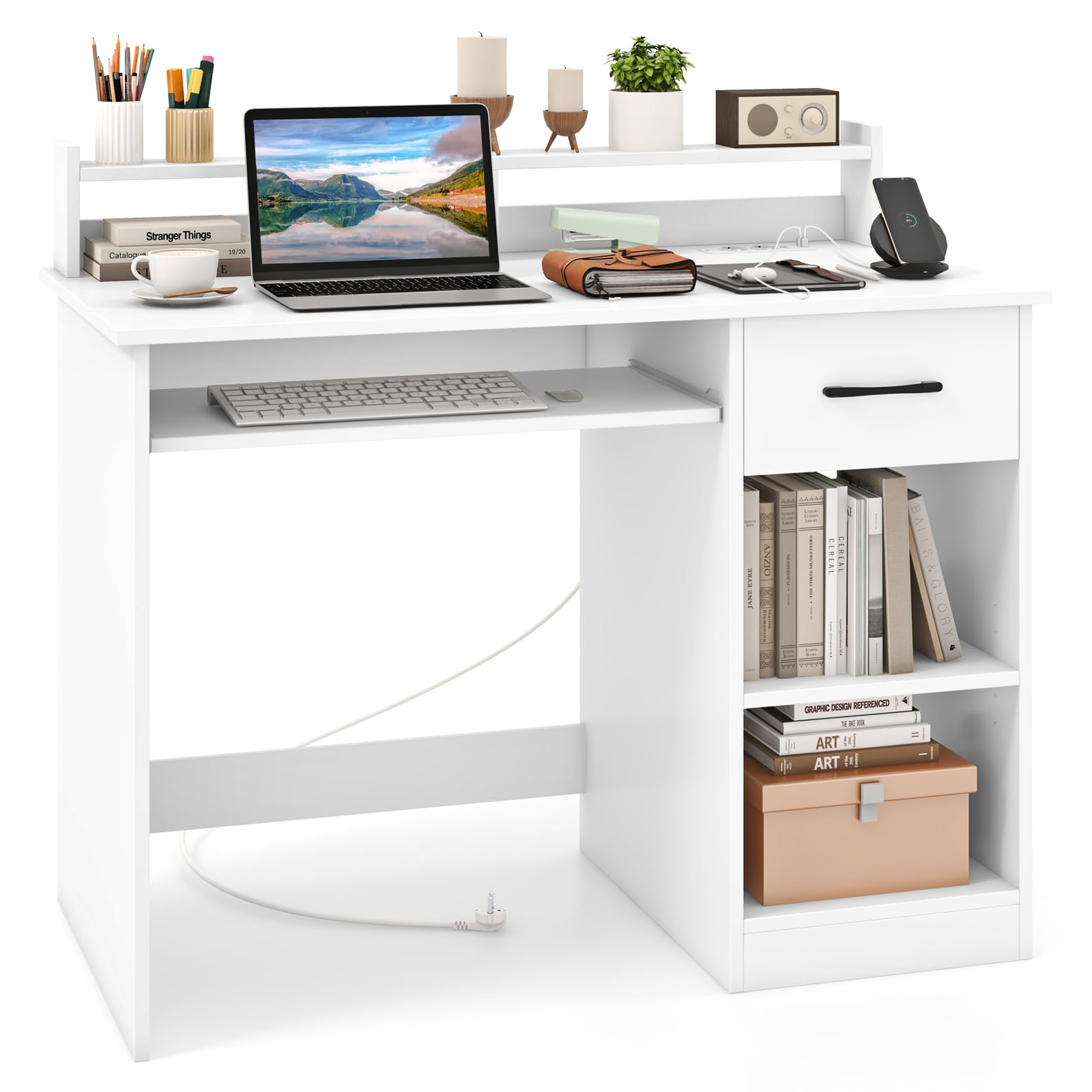 COSTWAY Escritorio con Tomas de Corriente, USB y Tipo-C, Mesa Escritorio con Bandeja para Teclado, Cajón y Estante Ajustable, Escritorio Ordenador Blanco, 105 x 55 x 89 cm