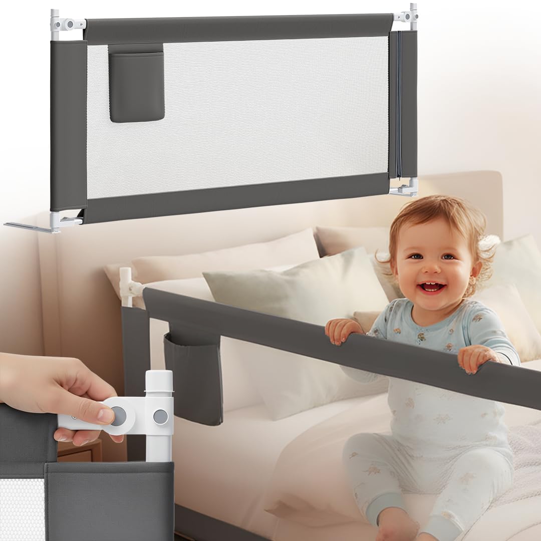 BELLABINO Drina Rausfallschutz – Bettschutzgitter 150 cm Dunkelgrau – Bettgitter höhenverstellbar 69-99 cm – Baby Bettumrandung inkl. Seitentasche – Schutzgitter Kinderbett – Bettrausfallschutz Kinder
