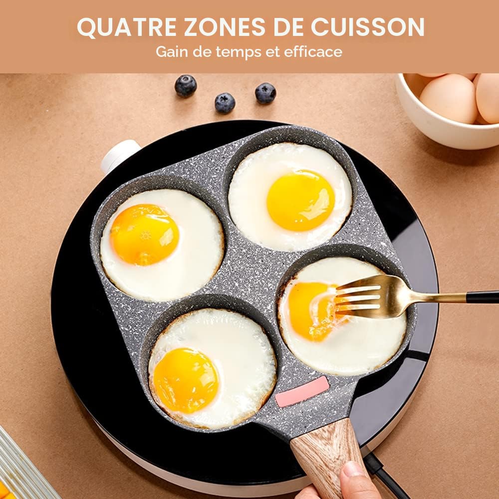 Poêle à 4 Emplacements, Poêle à Pancakes et Omelette Antiadhésive en Aluminium pour Petit-déjeuner Oeuf Au Plat Hamburger, pour Cuisinière à Gaz et Induction (Noir)