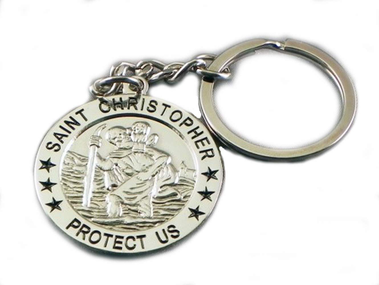 Large Chromed Metal Keyring St. Christopher Safe Travel Patron Saint Key Ring
