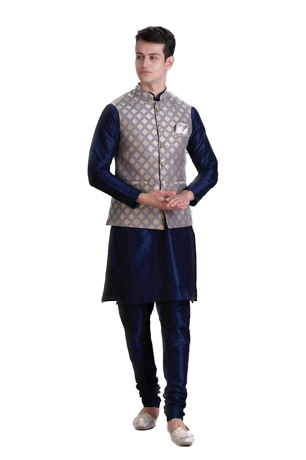 Ethnic Dynasty Men’s Kurta Churidar with Ethnic Bundi jacket Set (38, Navy/Sq Grey) Ethnic Dynasty Men’s Kurta Churidar with Ethnic Bundi jacket Set (38, Navy/Sq Grey)