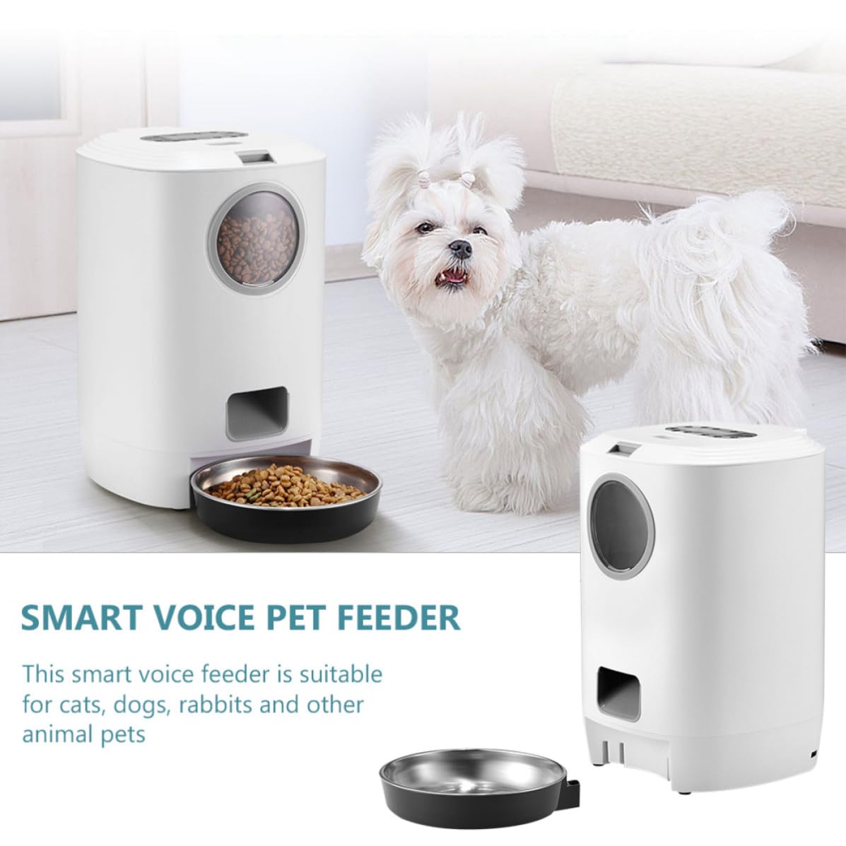 ULTECHNOVO Comedero Automático para Mascotas, Comedero para Perros y Gatos, 4.5l, Blanco, Alimentación Regular y Cuantitativa, Voz, USB, Abs, Acero Inoxidable y Pc, para Mascotas