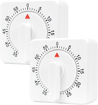 2 Pcs Kitchen Timer with Alarm Square 60 Minute Mechanical Visual Cooking, Time Management Tools Hour Manual Countdown Timer for Baking, Homework, Exercise Auto Off No Batteries Required White