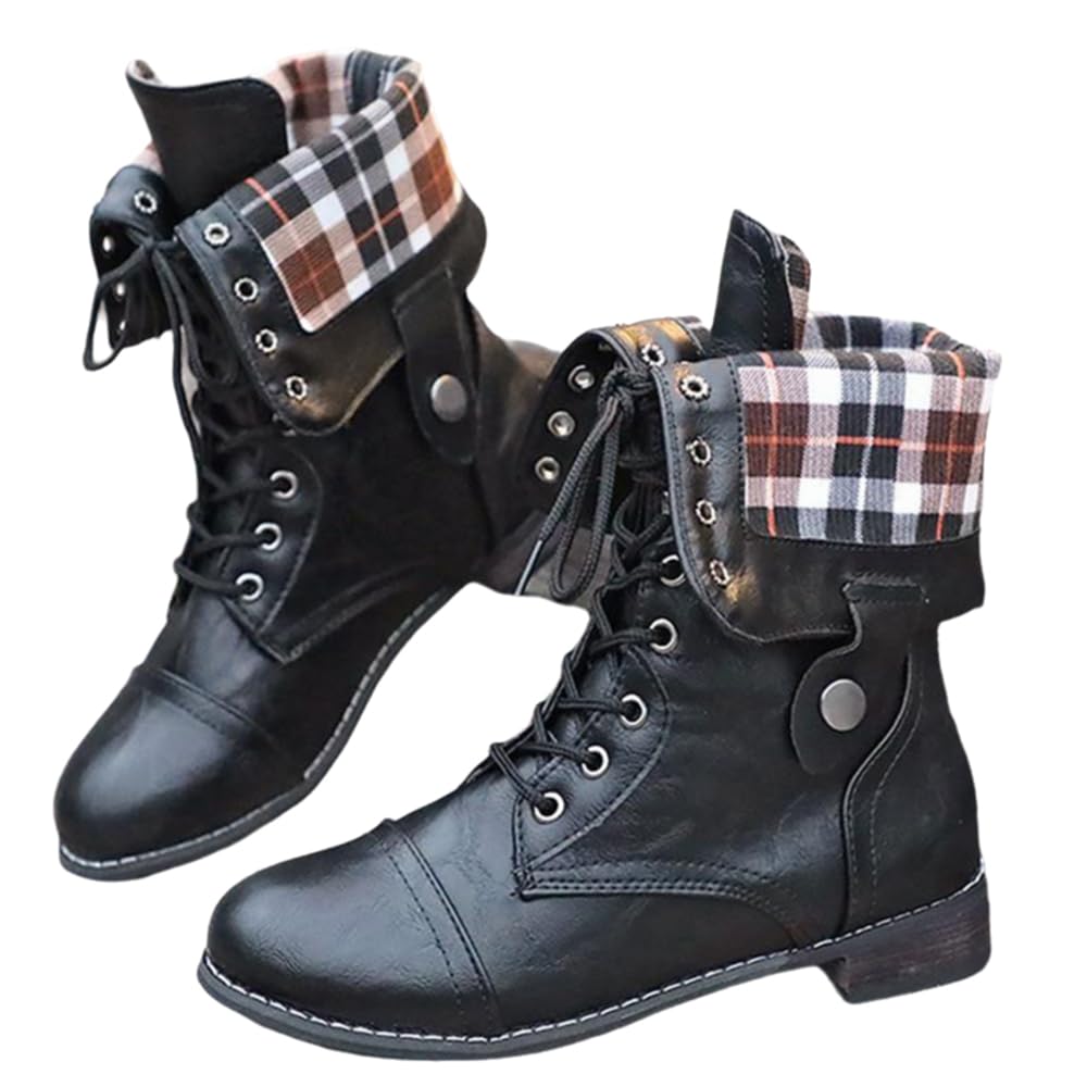 Womens combat boots with laces mid-calf length low heel can be worn in two ways when opened