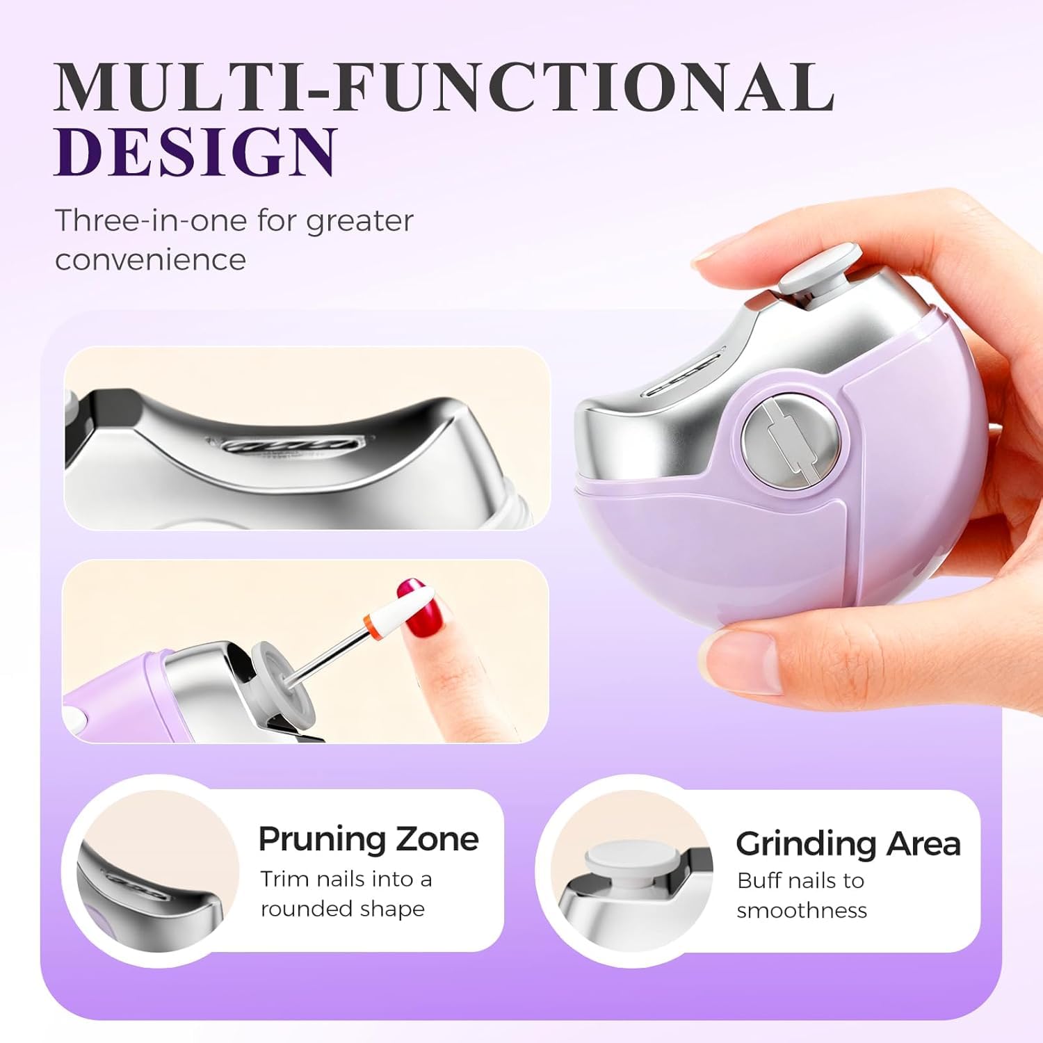 Cortaúñas eléctrico 3 en 1, cortaúñas automático de pulido eléctrico, cortaúñas eléctrico, cortaúñas eléctrico con 2 velocidades ajustables, recargable por USB para adultos (morado)