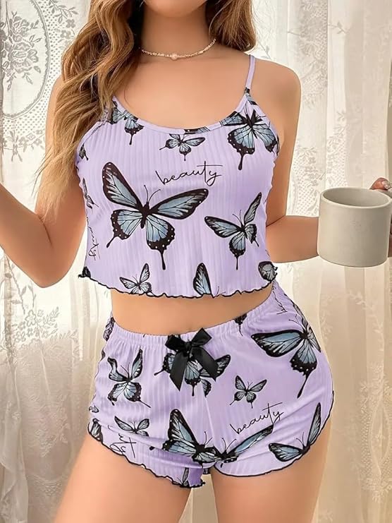 Image of SGC SWEDEN Women's Babydoll Lingerie Set with Boyshorts Panty, Cotton Blend, Multi-Colour, Free Size, 30-36 Inches, Adjustable Straps