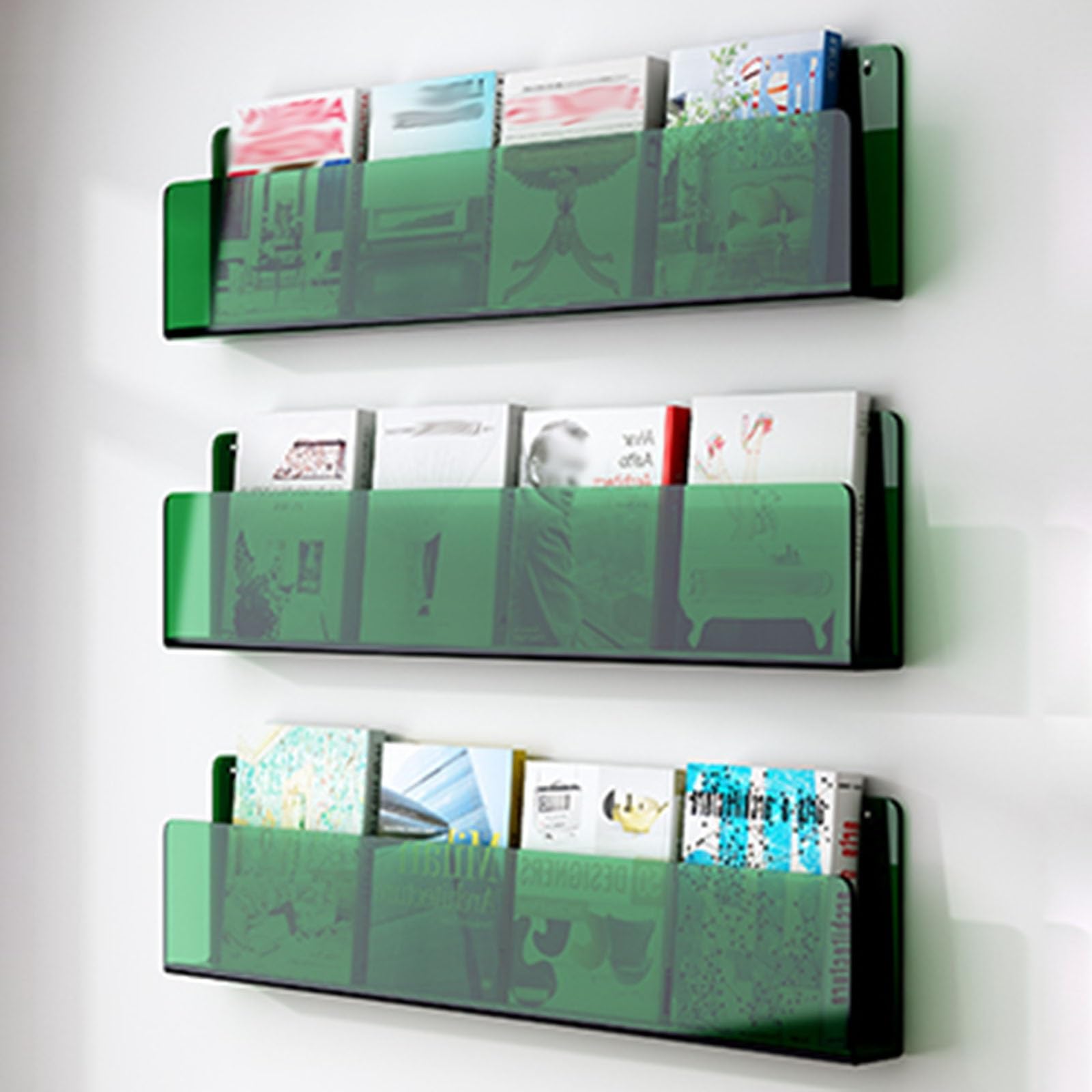 Fhslkxim 3 Pack Green Clear Acrylic Wall-Mounted Magazine Holder - Stylish Literature Display Stand For Home Office, Versatile Brochure Rack For Books, Comics, Catalogs & Records - Space-Savin,,W 120Cm/47.2In