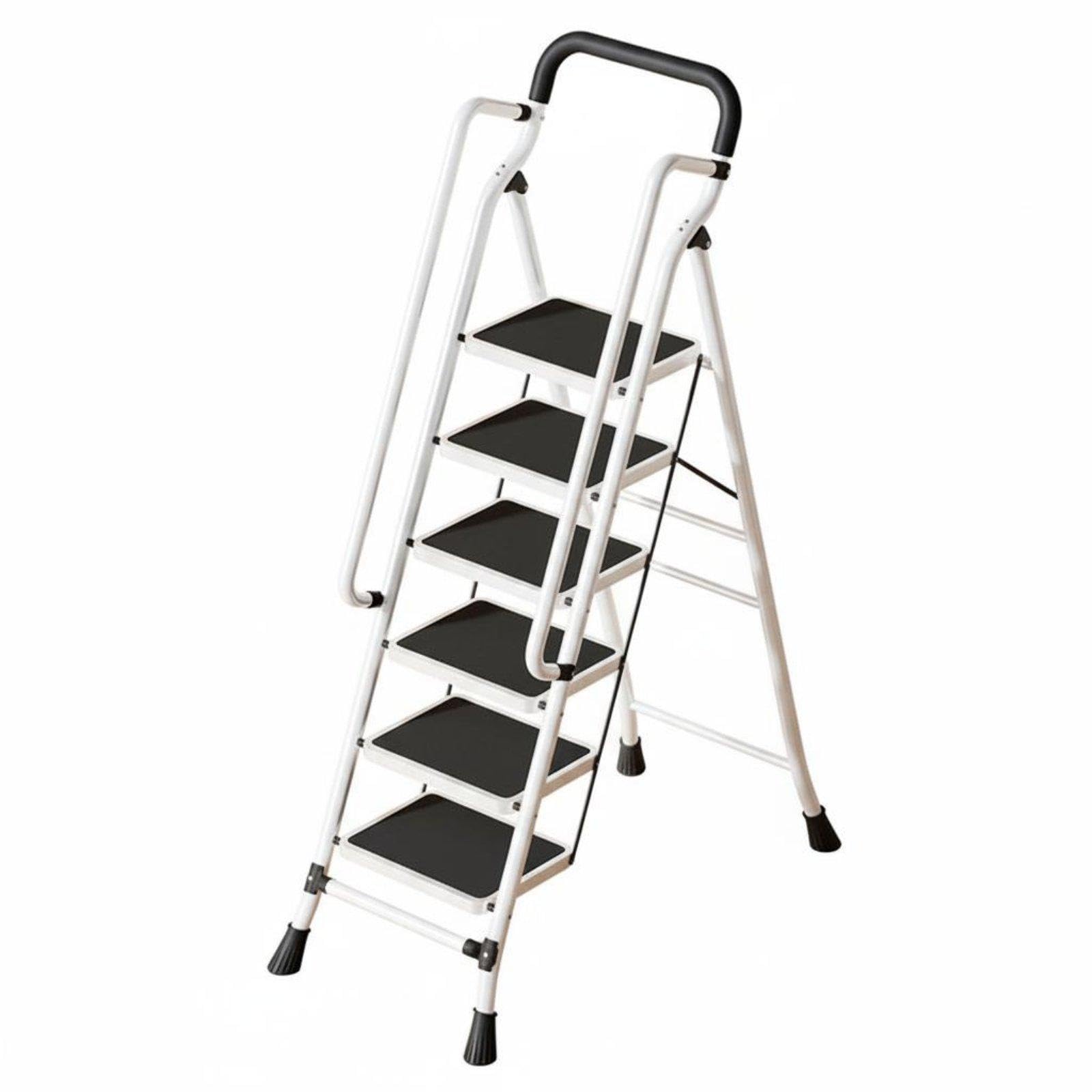 Folding Step Ladder Foldable Design Angled-Leg Design Ladder with Handrail Wide Anti-Slip Steps Portable Steel Step Stool for Adults, Kitchen, Garage 6-Step with Handrail White-image-5