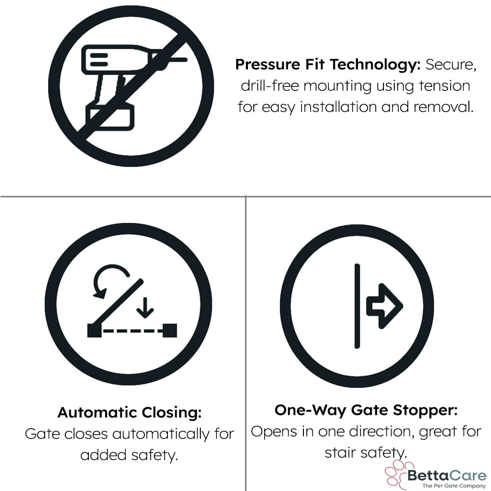 Bettacare Auto Close Pet Gate, 68.5cm - 75cm, Matt Black, Narrow Pressure Fit Stair Gate for Dog & Puppy, Safety Barrier for Narrow Doors Hallways and Spaces, Easy Installation - 4