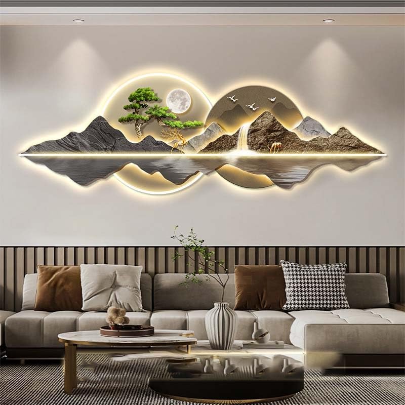3D-Wanddekoration mit LED-Licht Sonne und Mond mit Fernbedienung, beleuchtetes Wandbild mit Berg und Hirsch für Wohnzimmer