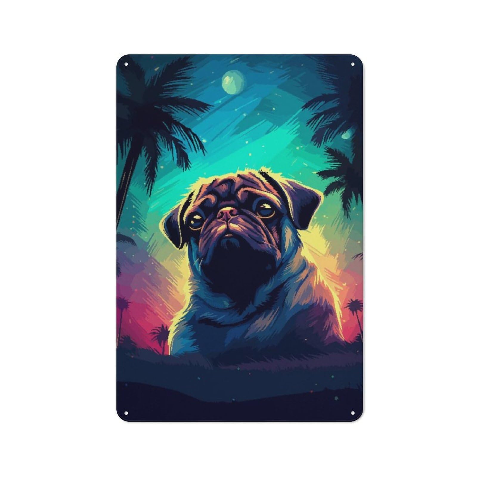 Metal Wall Sign 30x20cm Featuring Vaporwave Pug Pixel Art for Café Or Restaurant, for Vintage Wall Decor Fans, for Metal Sign Collectors