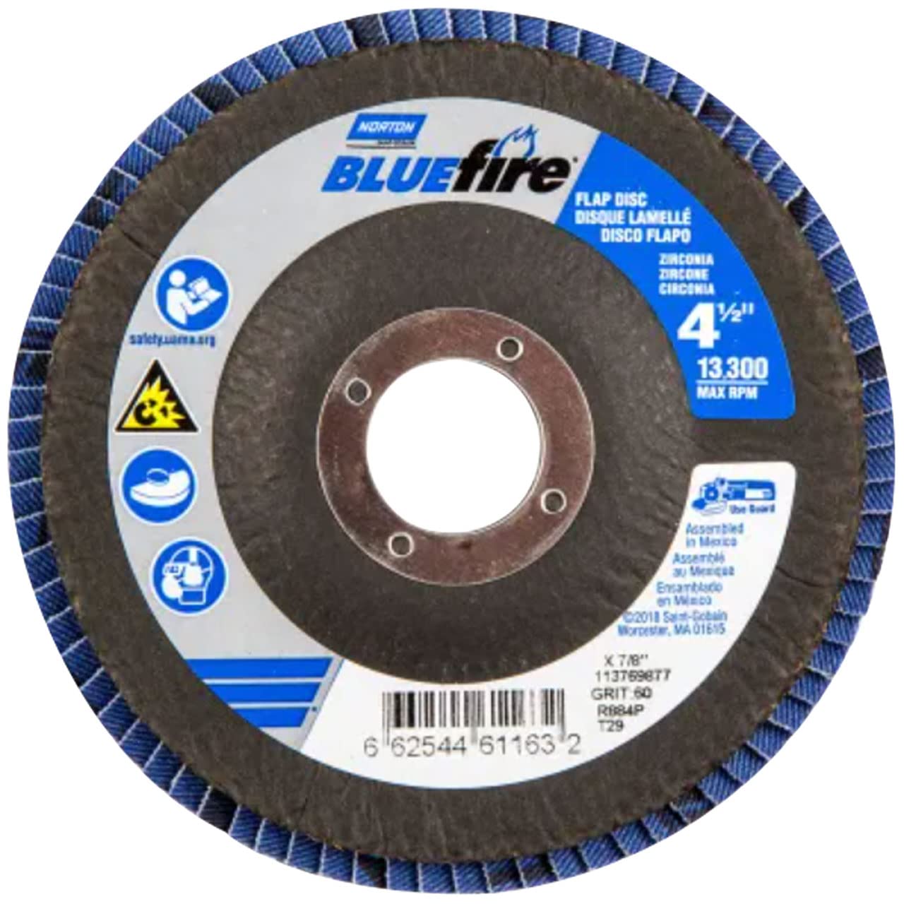 Norton 66254461163 4-1/2x7/8” BlueFire R884P Zirconia Alumina Plus Type 29 Flap Discs, 60 Grit, Coarse, 10 Pack