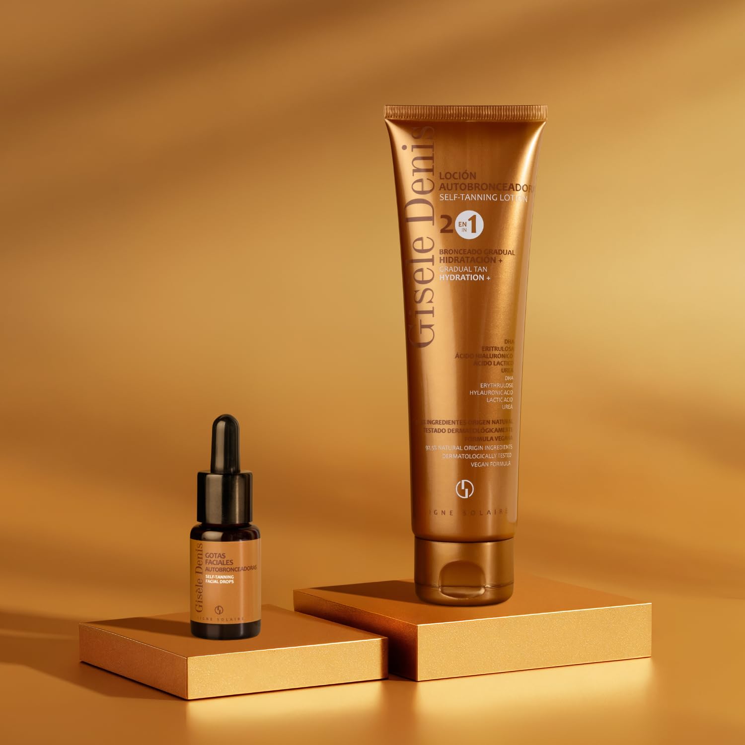 GISÈLE DENIS - Pack Autobronzant, Gouttes Autobronzantes Visage 15 ml + Lait Autobronzant Corps 150 ml, Bronzage Progressif, avec DHA, Érythrulose, Acide Hyaluronique et Arginine, Formule Vegan