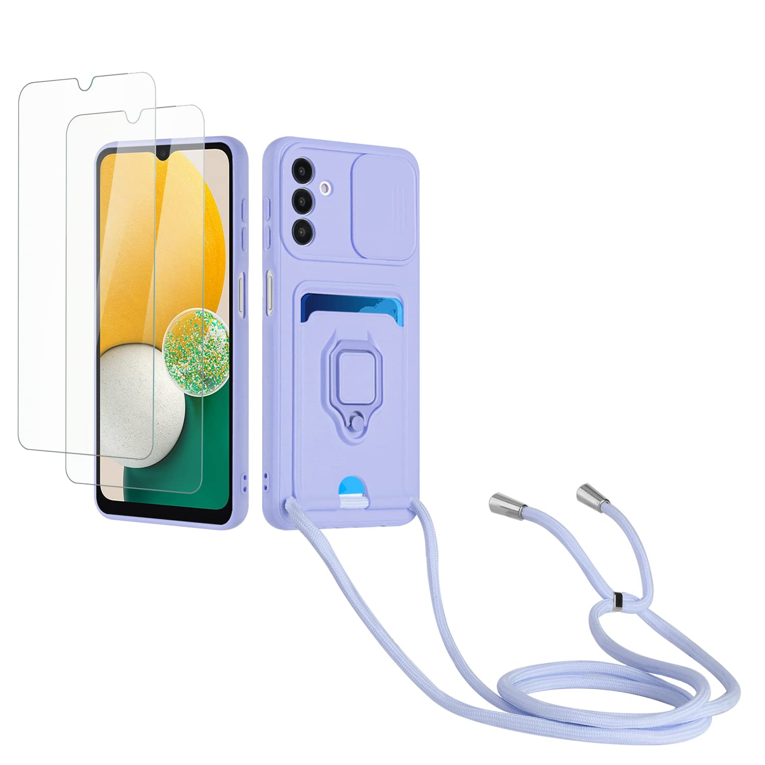 Kaslly Funda con Cuerda para Samsung Galaxy A35+[2 Pack Protector Pantalla],Case con Ranura para Tarjetas,Cubierta de Cámara Deslizante Proteger,Doble Cara Protección-Negro — view 75