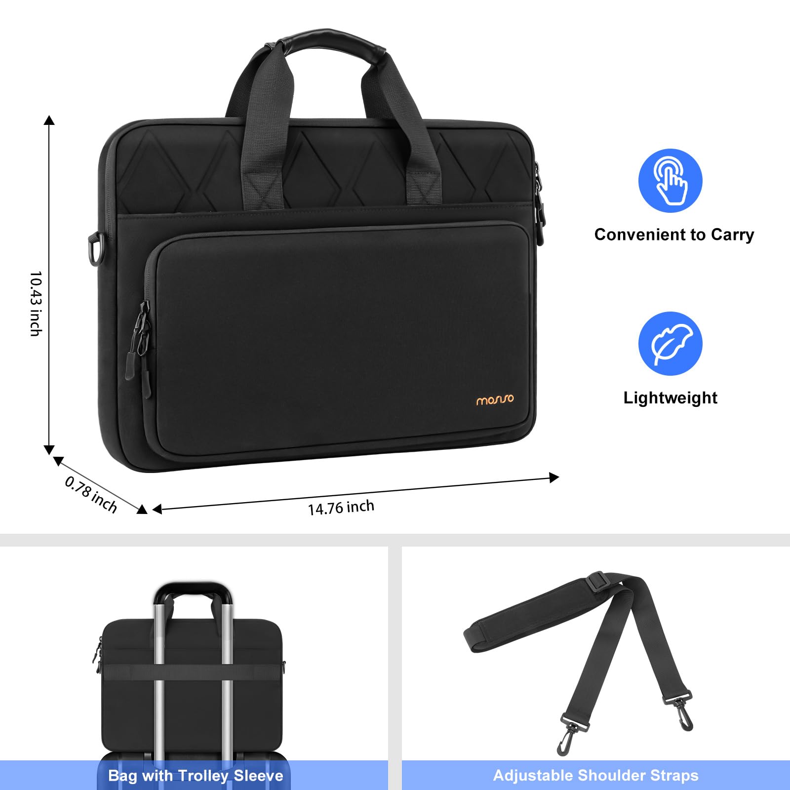 MOSISO 15,6 Zoll Laptoptasche, 15-16 Zoll Laptop Schultertasche | Kompatibel mit MacBook, HP Dell ASUS Lenovo, Umhängetasche mit Verstärkte Ecken&Taschen&Trageriemen für Reise Büro, Schwarz