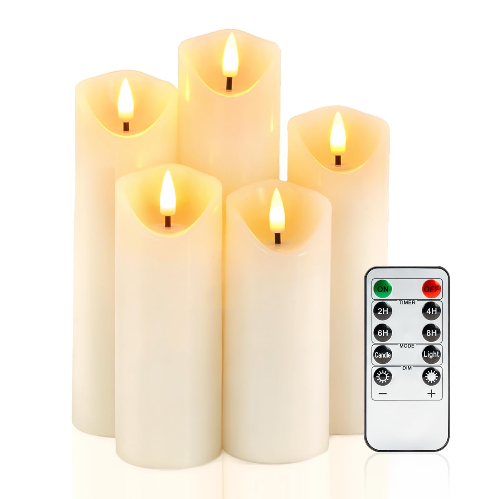 Homemory Real Wax Battery Operated Candles Flickering, Fake Electric Candles with Remote Control and Timer, Led Pillar Candles for Indoor Home Decoration, Ivory White, Set of 5, D2.2