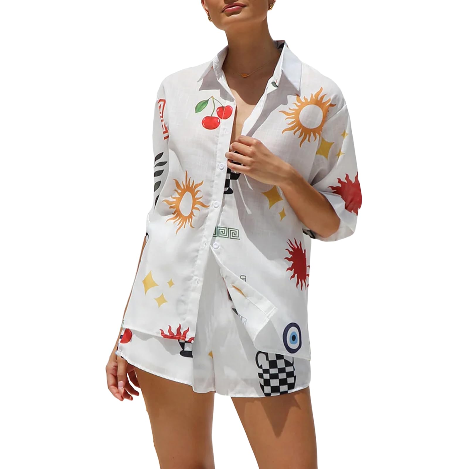 Women's Oversized 2 Piece Outfits Fashion Printed Short Sleeve Button Down Shirt Shorts Co Order Set Summer Streetwear Beachwear-image-39