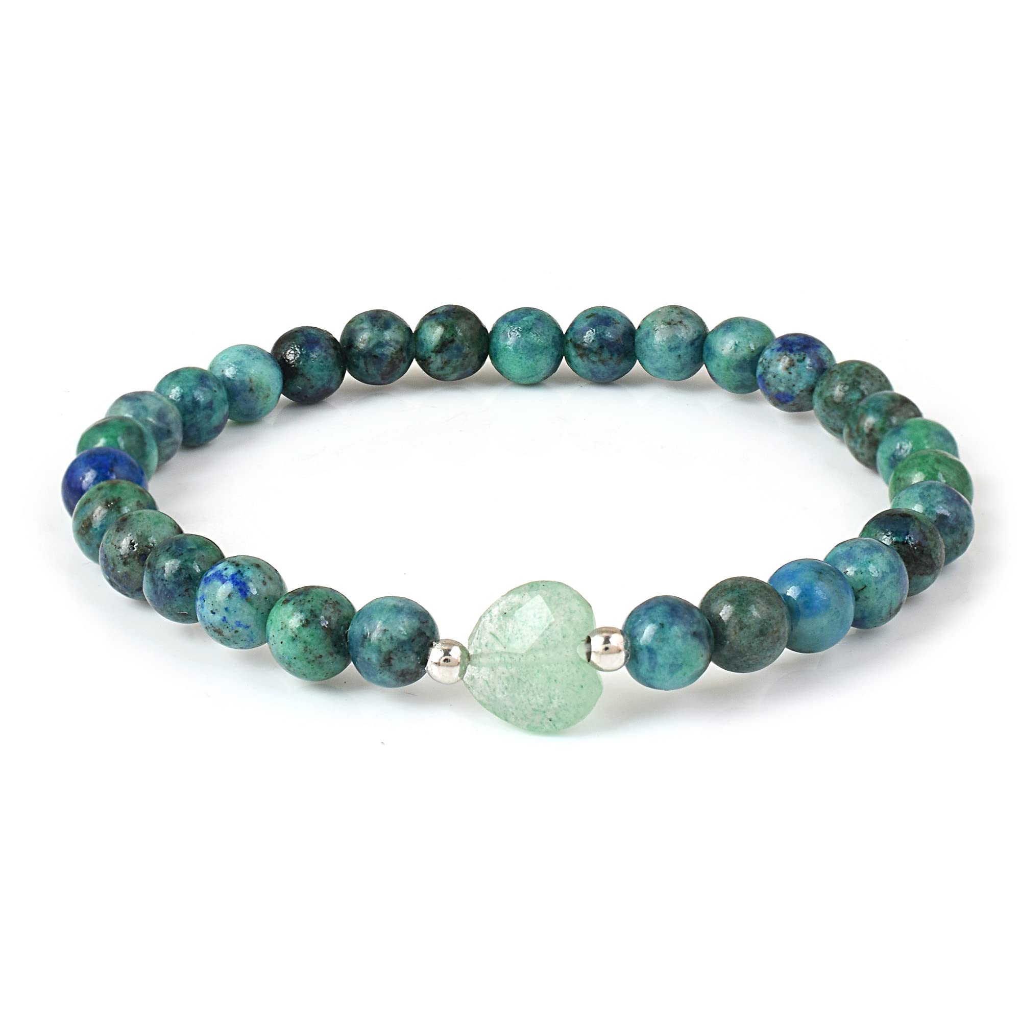 – Natural and Real Gemstone Stretch Beaded Gemstone Bracelet With Heart Shape Stone Gift For Anniversary Birthday and Christmas For Women (Azurite Malachite And Aventurine Jade, 16CM)