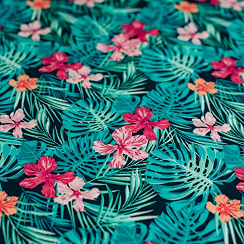 On Trend Fabrics Tissu en Popeline 100% Coton Motif Feuilles Tropicales et Fleurs Bleu Marine/Turquoise/Rose Vendu au mètre