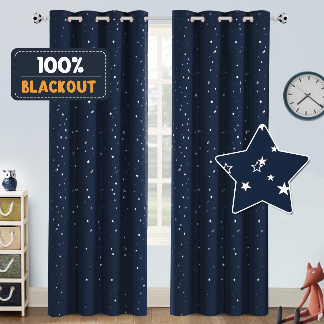 princedeco blackout kids curtains for bedroom thermal insulated silver twinkle star curtains for boys antique grommet top window treatment 2 panels drapes for nursery 5234 w x 8434 l navysilver