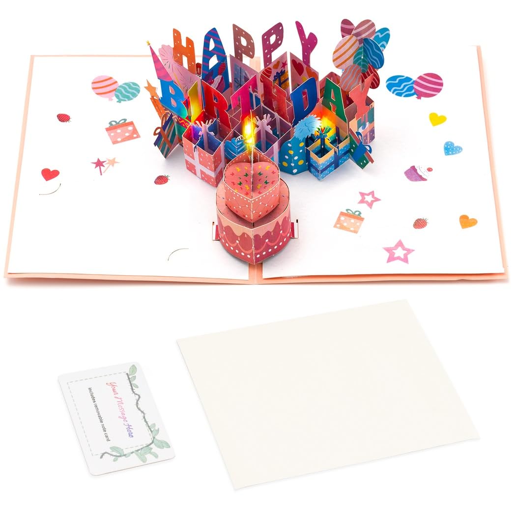 Carte d'anniversaire musicale pop-up 3D, carte d'anniversaire 3D avec lumière et bougie à souffler, musique Joyeux anniversaire, carte cadeau, enveloppe pour famille et amis