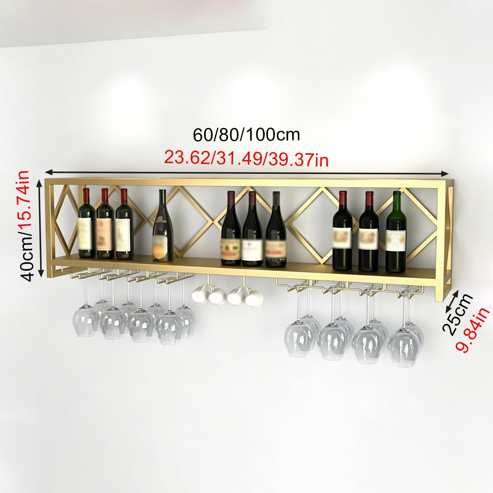 Stojak na Wino Metalowy Mały Stal Węglowa Wzmocnione Rury Wielofunkcyjny | Stojak na Wino do Montażu na Ścianie, Lakier Wysokotemperaturowy, do Salonu, Domu, Baru, Piwnicy(Gold,80x25x40CM)