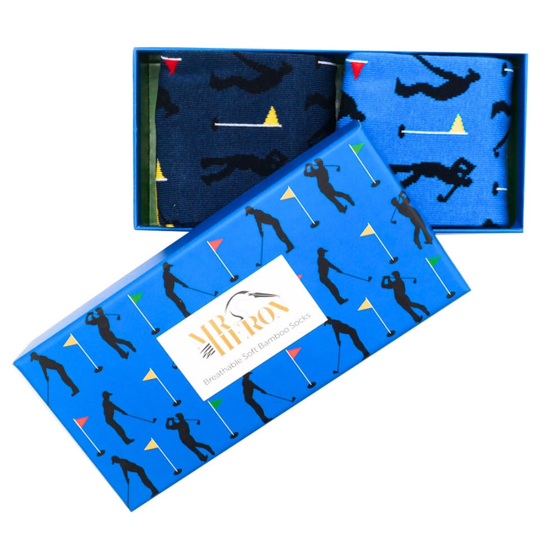 Lilyrosa Men's Blue Golf Socks Golfing Golfer Boys 6-11 Bamboo Box 2 Pairs