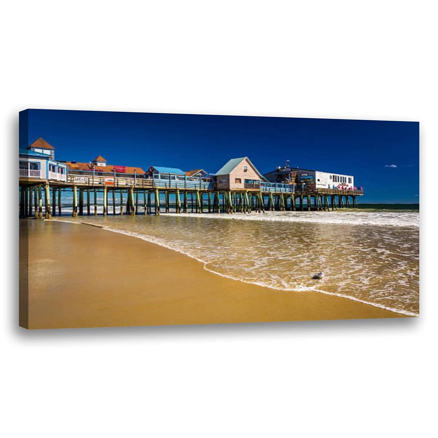 Large Framed Wall Art Ready to Hang 20" x 40" The Atlantic Ocean and pier in Old Orchard Beach, Maine. Canvas Print Artwork Wall Art Painting Pictures Home Office Wall Décor Modern Poster