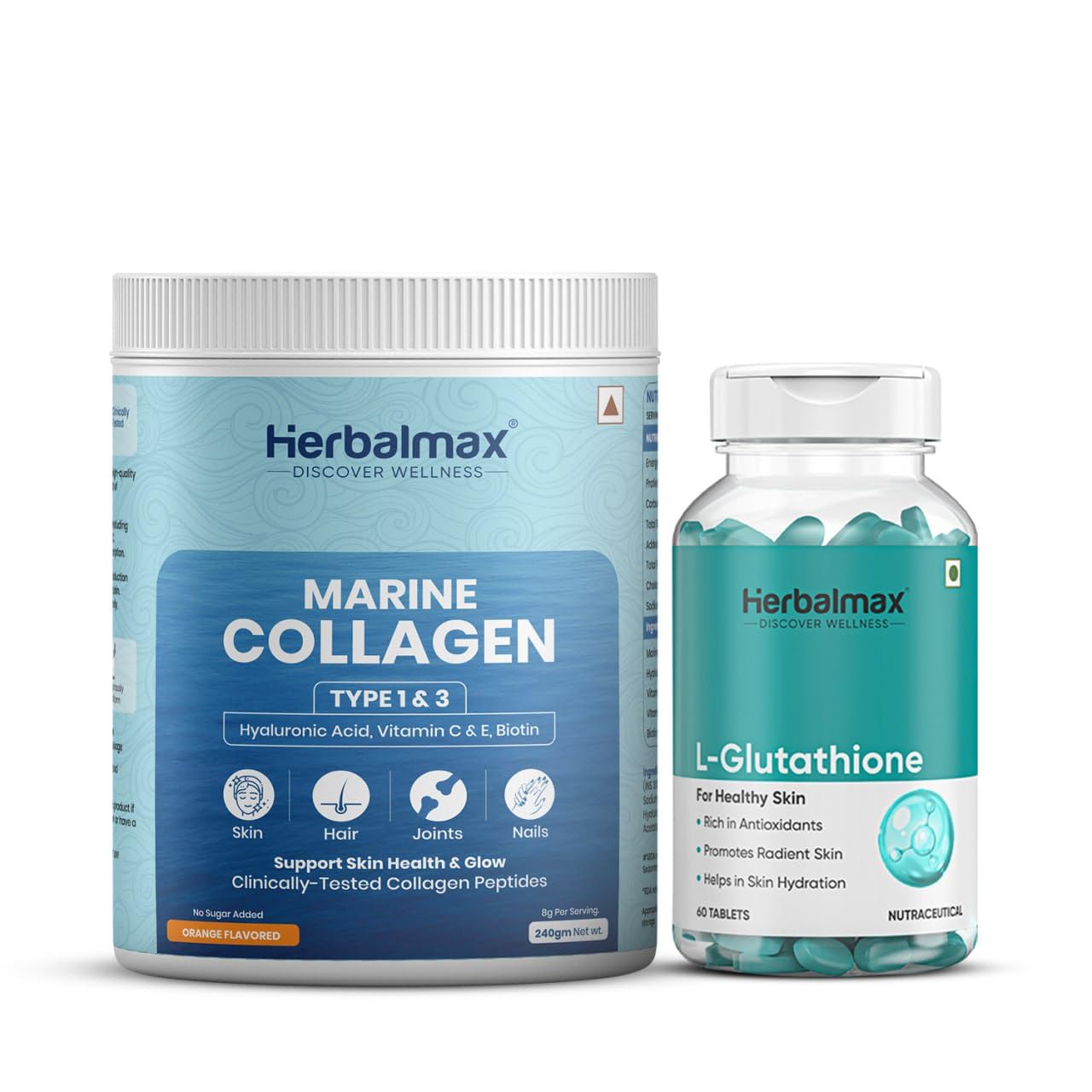 Herbal Max Glutathione & Marine Collagen Combo, Tablets & Powder with Antioxidants, Hyaluronic Acid, Vitamin C & E, Biotin, Supports Skin, Hair, Nails, Bone & Joint, Type 1 & 3 Collagen Peptides