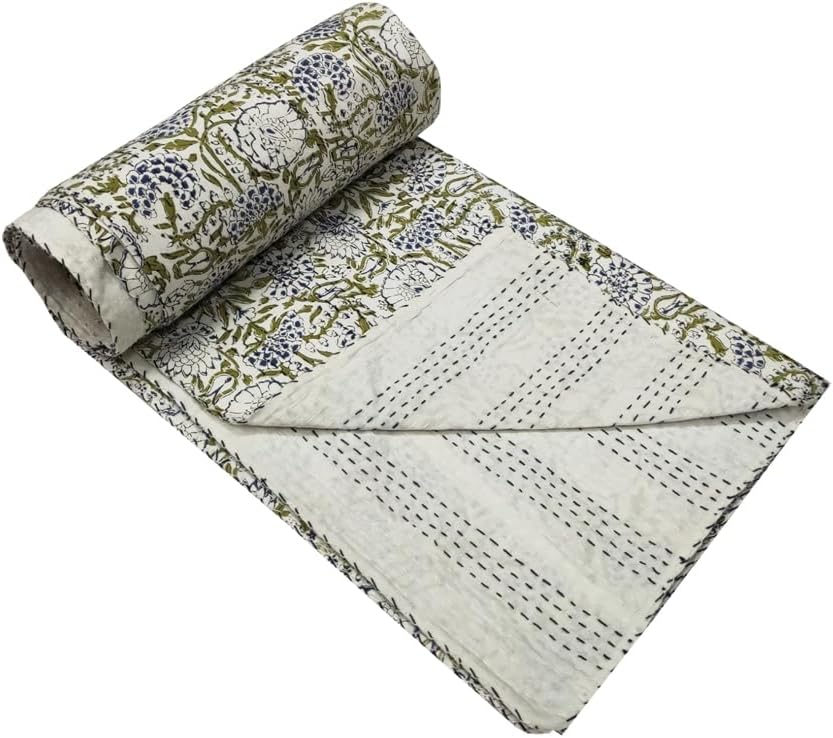 Indian Kantha Quilt Handmade Throw Reversible Blanket Bedspread Block Print Fabric Bohemain Quilt Twin/Queen Chic Bedding coverlets (Block 02, Twin) - Image 2