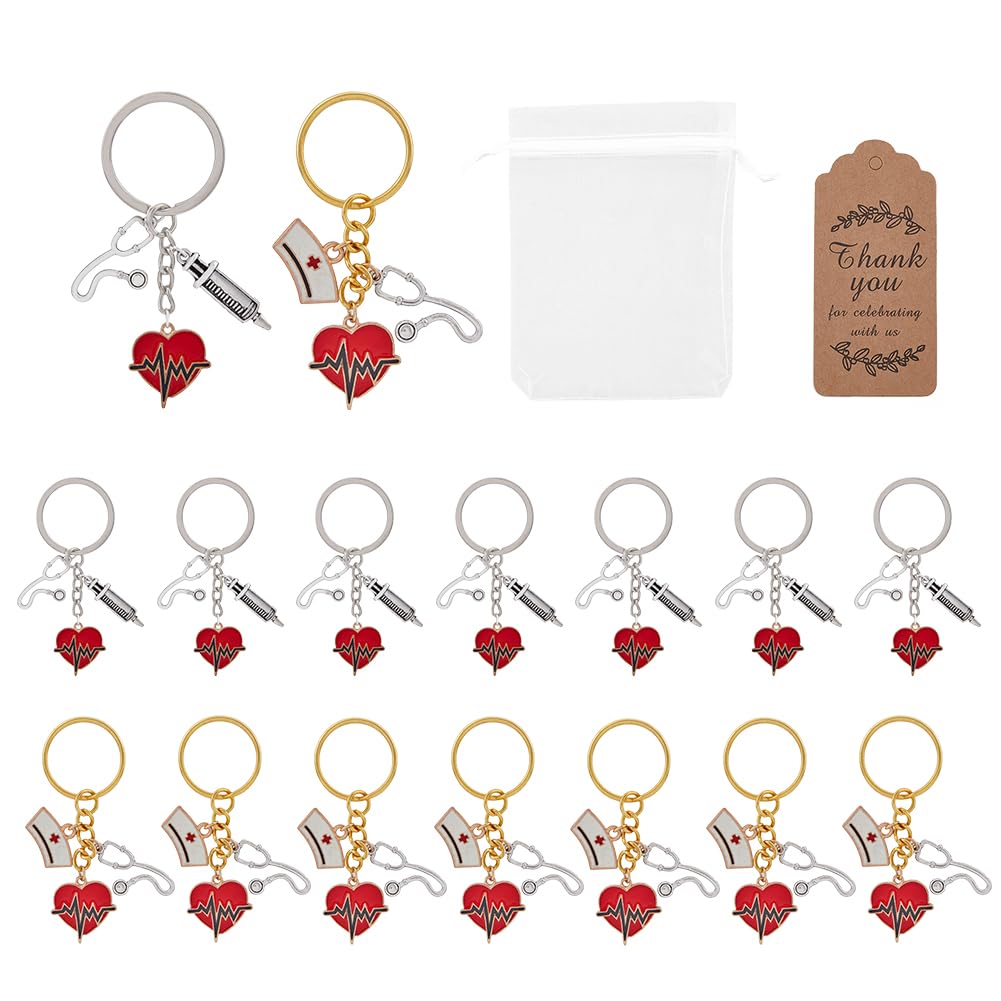 16 Set Portachiavi Infermiera con 2 Portachiavi Stile e Cartellini dei Prezzi in Carta Kraft e Sacchetti Regalo in Organza Battito Cardiaco Stetoscopio Cappelli da Infermiera Ciondolo per