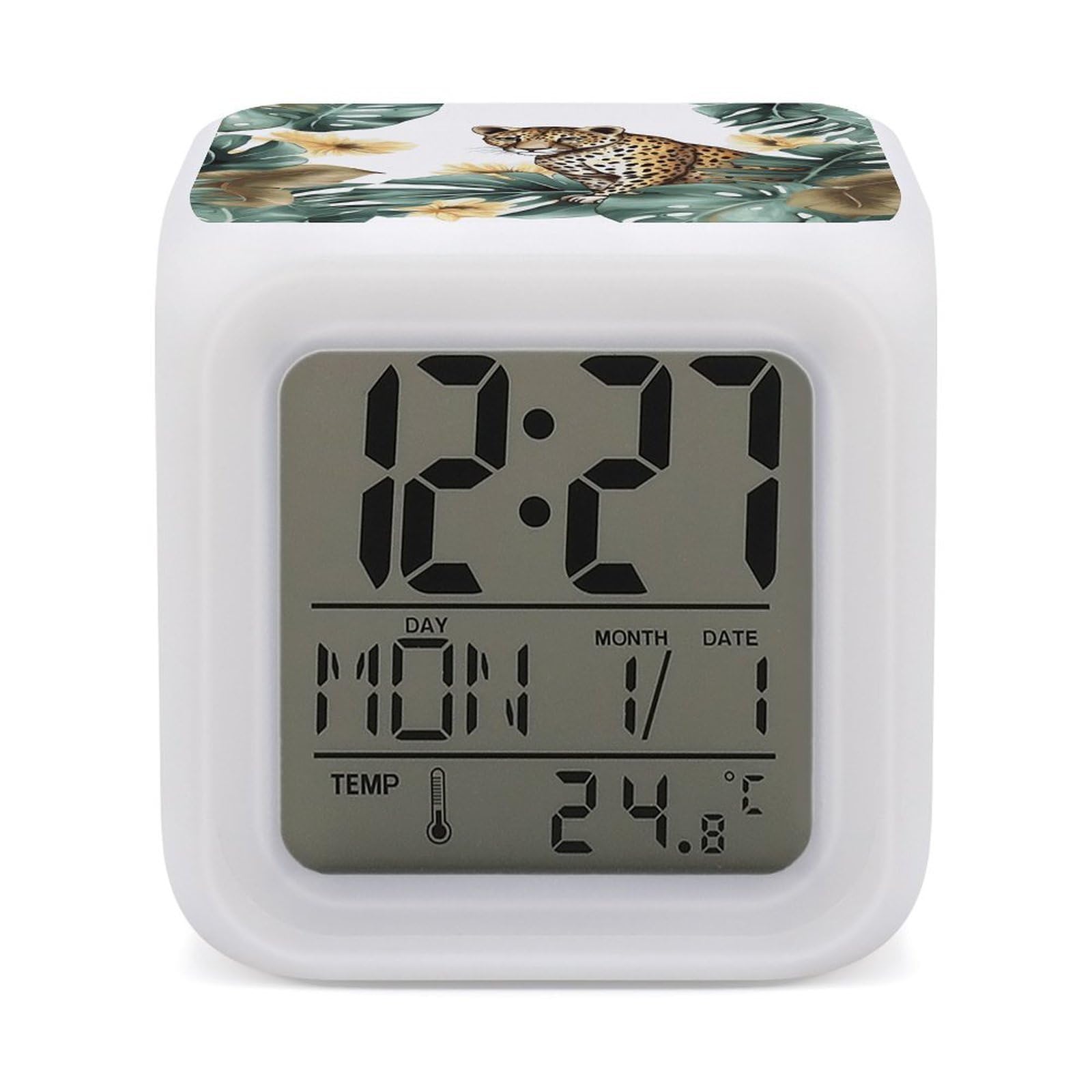 JTREHY Leopard and Palm Leaves Alarm Clock Digital Dimmable Clock for Bedroom LED Display Screen Mini Clocks 7 Color Dimmable Night Lights Time-to-Rise Alarm Clocks for Office Living Room