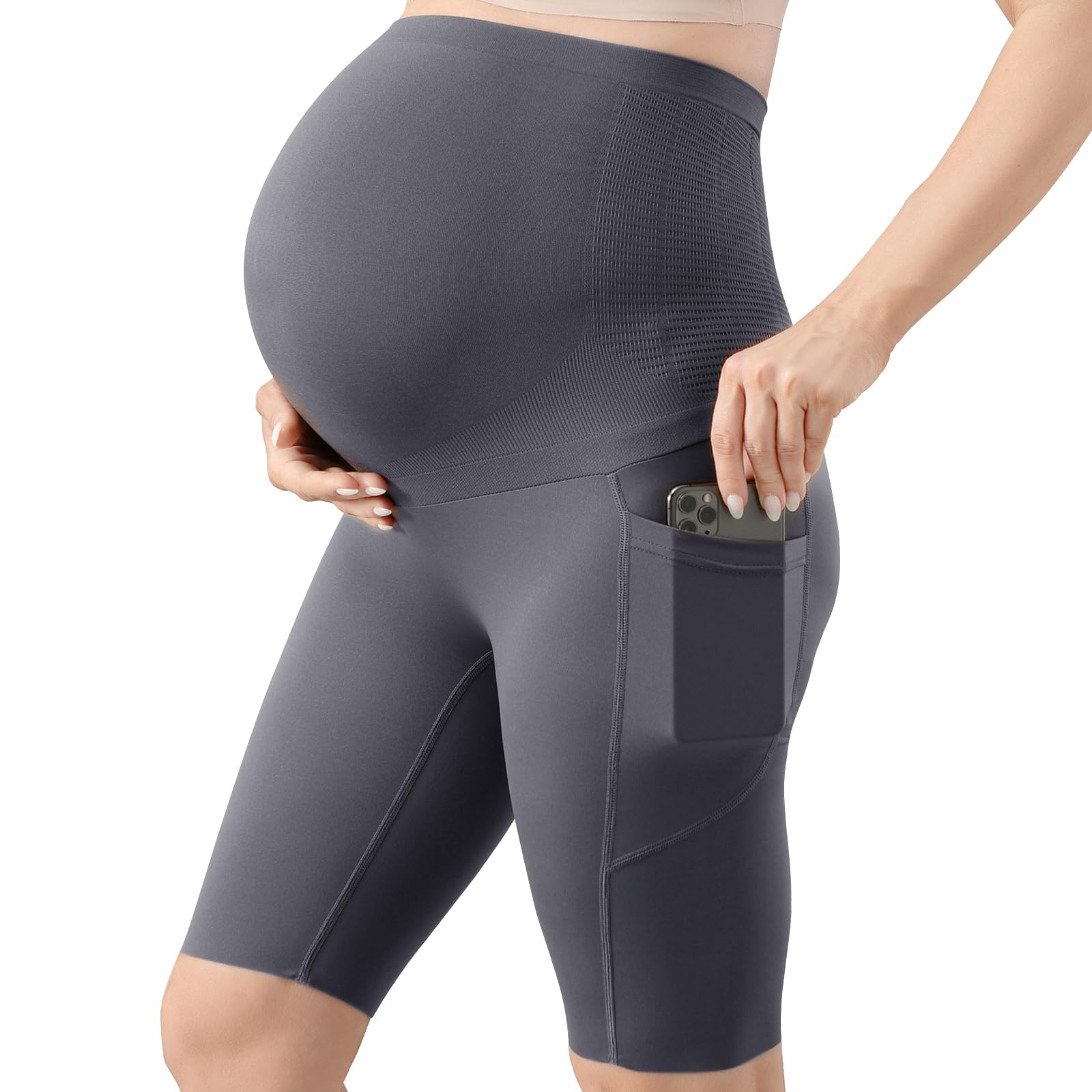 Maternidad Pantalones Cortos,Leggings Premamá Cortos Embarazo con Bolsillos,Ropa Premamá Verano Mujer,Premamá Leggins Pantalones Cortos sobre el Vientre,Cintura Alta Gris