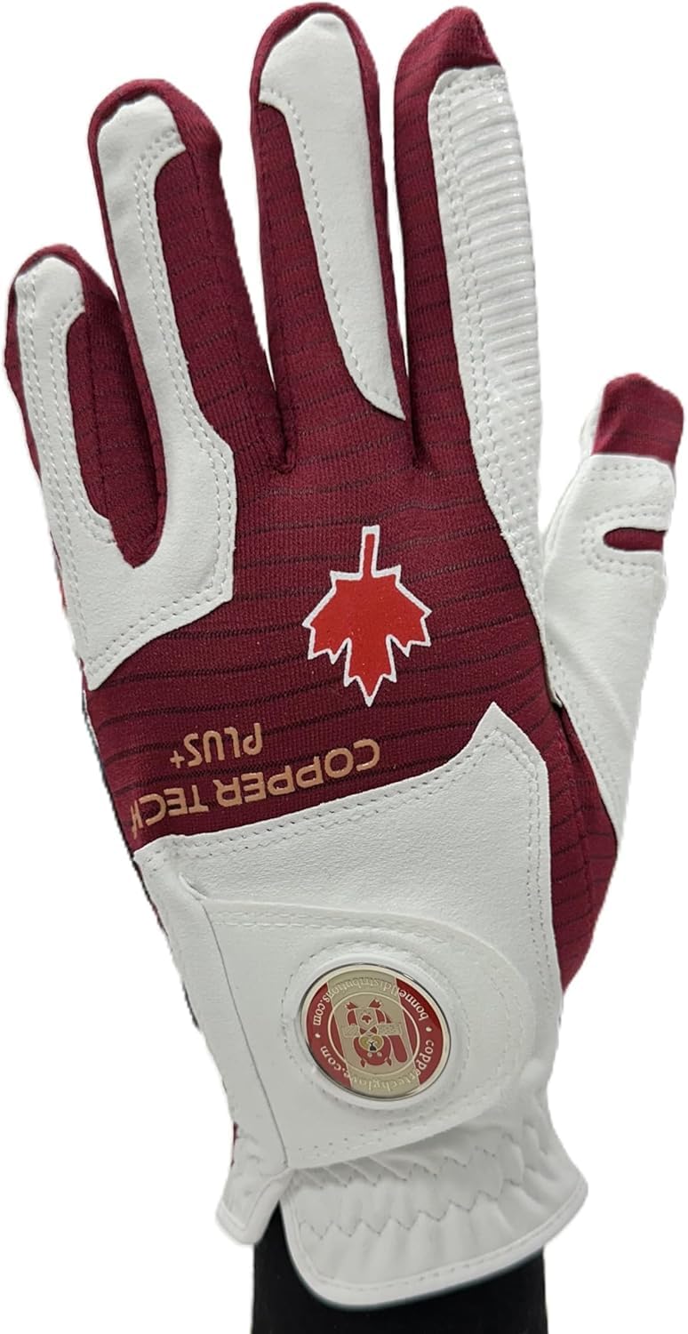 Copper Tech Women's Golf Gloves, Patriotic Canada National Flag Pattern w/Ball Marker, Copper Infused Womens Golf Gloves Canada Themed (Small, Worn on Left Hand)