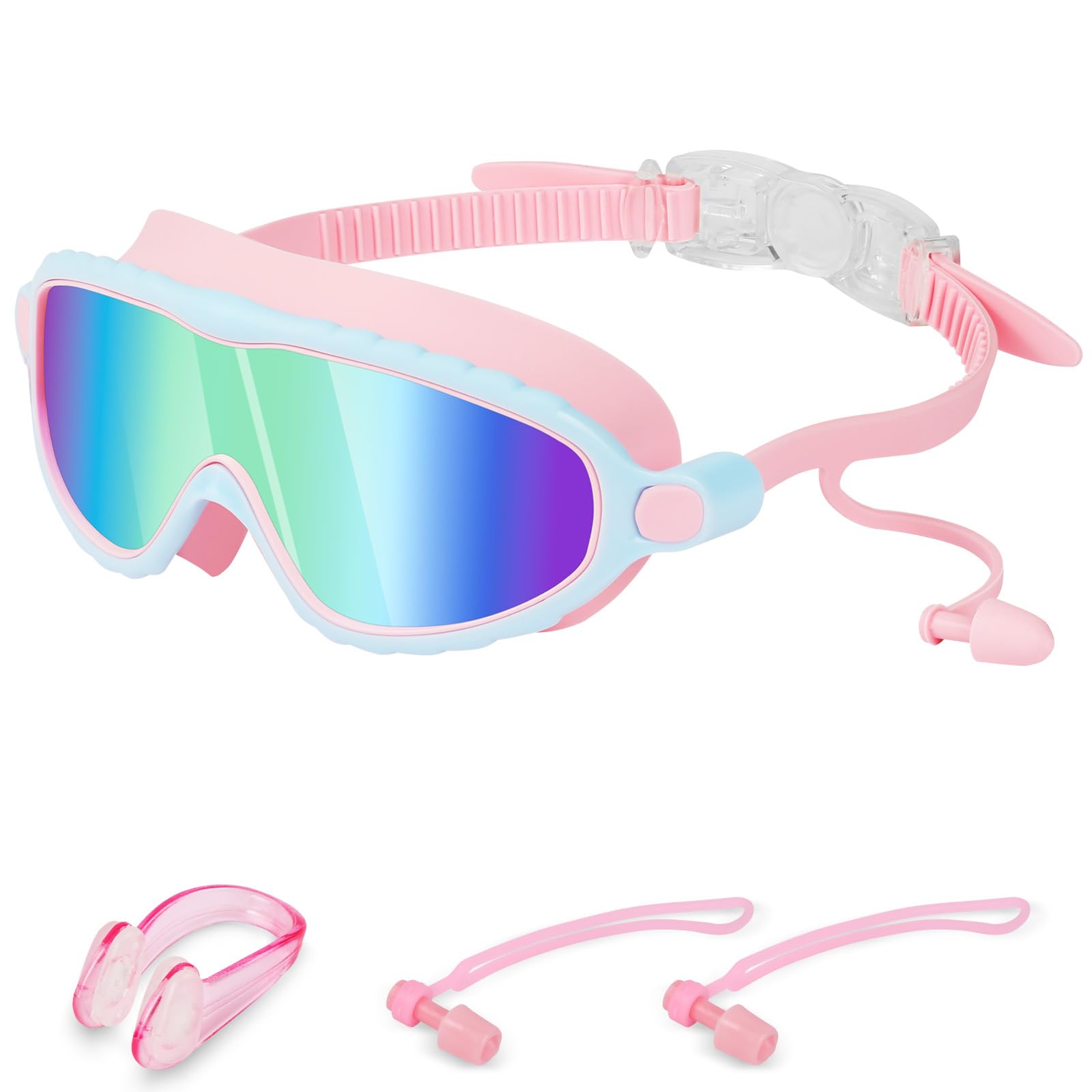 DiULi Kids Swimming Goggles with Ear Plugs & Nose Clip, Electroplated Anti-Fog Lenses, Soft Silicone Seal No Leaking Wide VisionSwimming Goggles for Boys & Girls,Blue