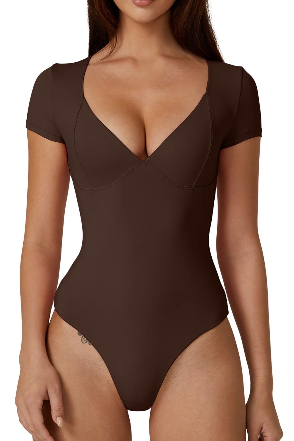 Medium ) QINSEN Women's V Neck Bodysuit Short Sleeve Body Suits Seamed Cup Going Out Tops Shirt