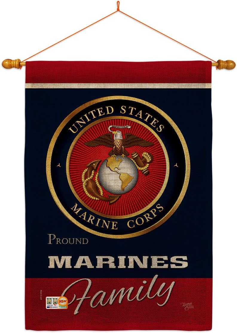 Marines Proudly Family House Flag Dowel Set Armed Forces Marine Corps USMC Semper Fi United State American Military Veteran Retire Official Small Gift Yard Banner Double-Sided Made In USA 28 X 40