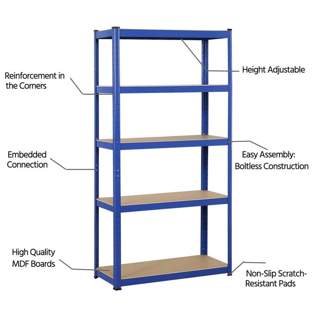 DayPlus Scaffalatura in metallo resistente e regolabile per carichi pesanti in metallo, per garage, cantine, officine, con 5 ripiani in MDF, portata 875 kg, portata 200cm x 100cm x 50cm, Blu