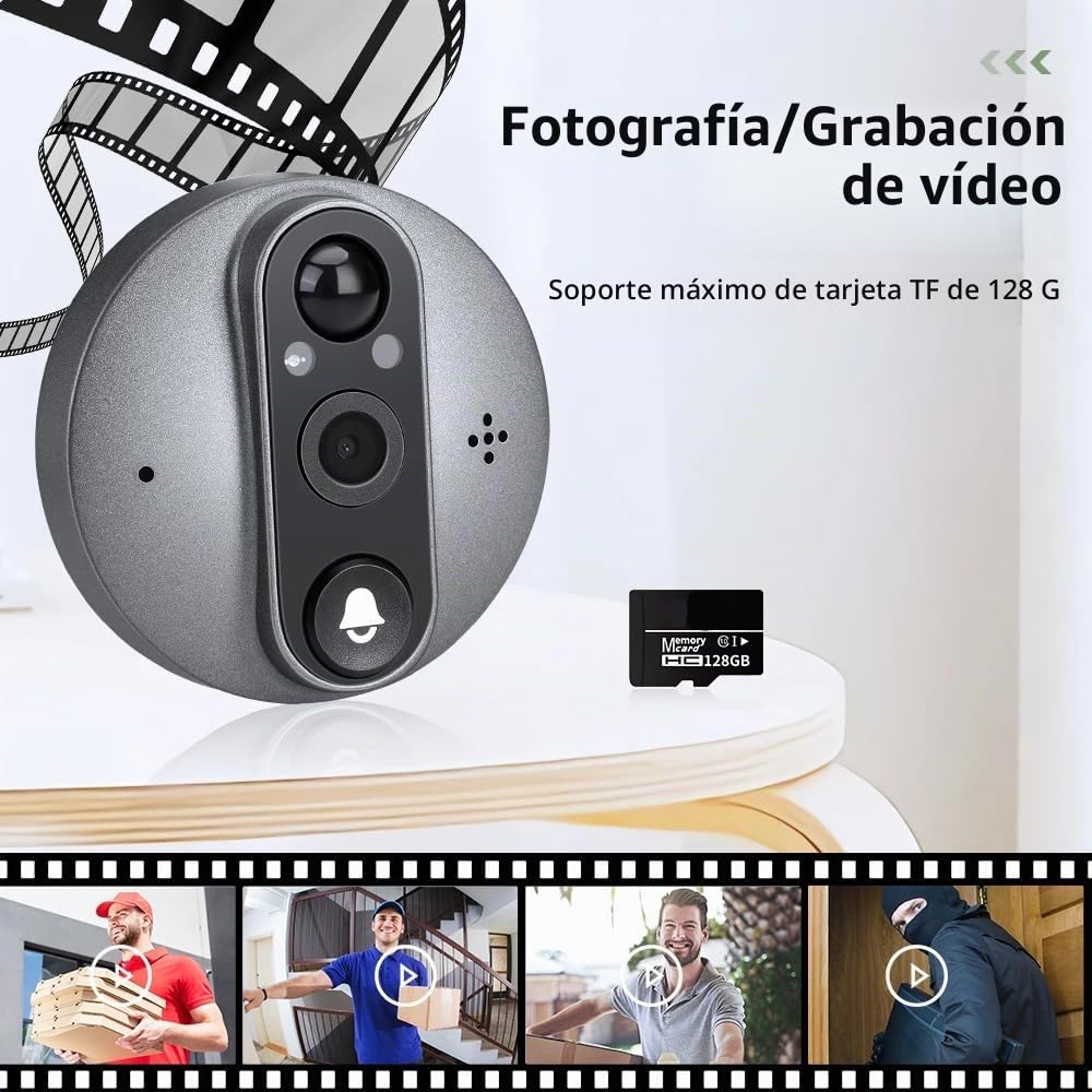 3MP Mirilla Digital Puerta WiFi con MicroSD de 32GB con Pantalla de 4.3'' Inalámbricos Cámara Video Timbre Inalámbrico Monitor con Batería Recargable 5000mAh,PIR Detección de Movimiento