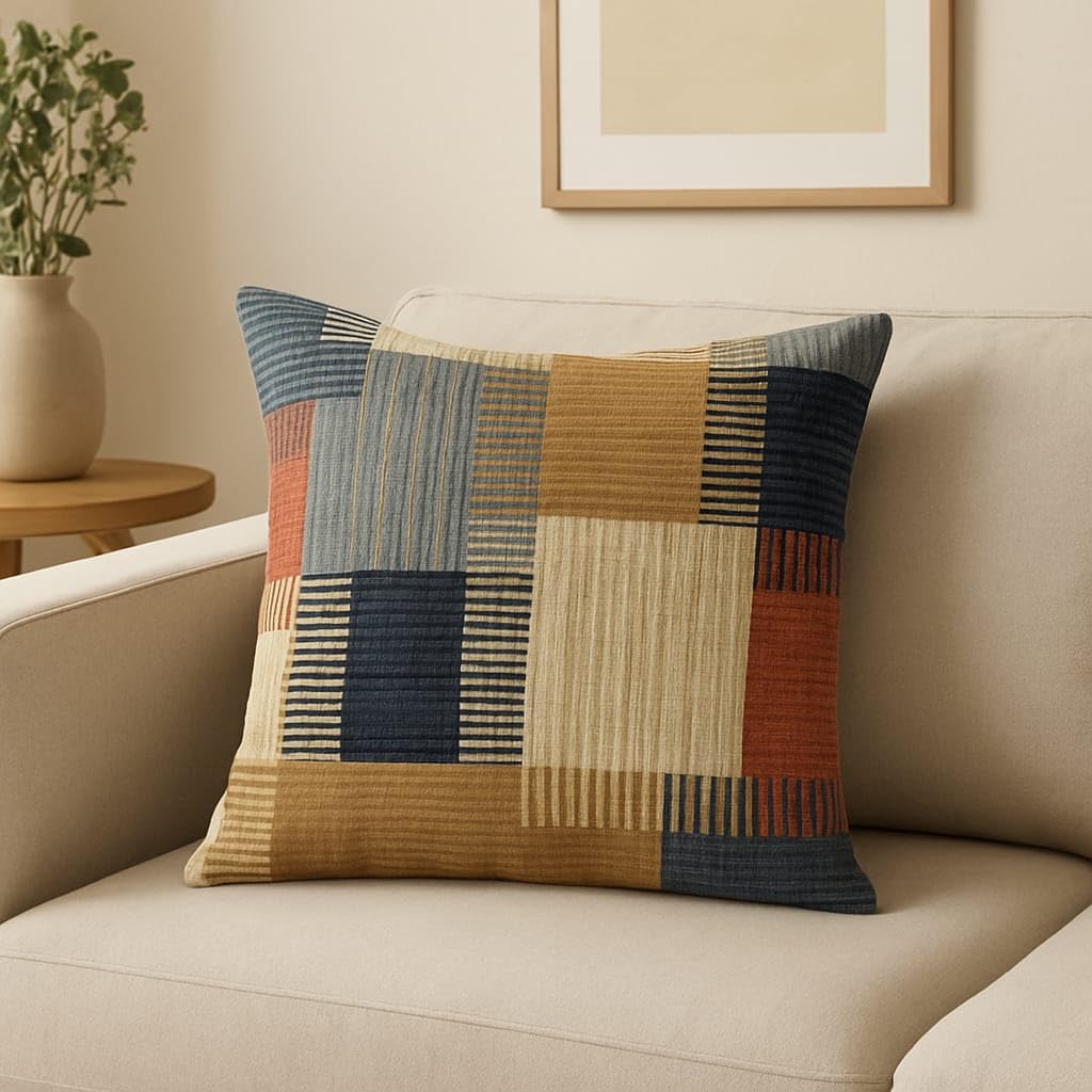 Velvet Cushion Cover 16x16 Inch – Set of 3 Decorative Throw Pillow Covers for Sofa, Couch or Bed – Designer Printed Square Cushion Covers – Home Decor (Multi Check)
