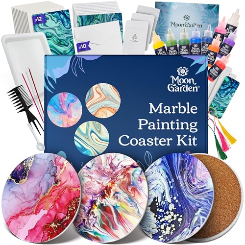 MoonGarden Marble Painting Coaster kit - Marble Painting Kit for Adults - 12 Color Paints Ceramic Coasters Bookmark Paper and Cardstock Paper - Relaxing and Creative DIY Activity