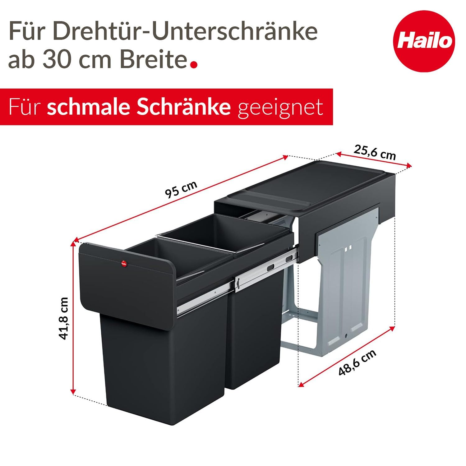 Hailo EcoLine Design Duo L Einbau-Mülltrennungs-System 2x14 Liter - Duo-Mülleimer mit Vollauszug - Stahlblech - schwarz - ab 30 cm Schrankbreite