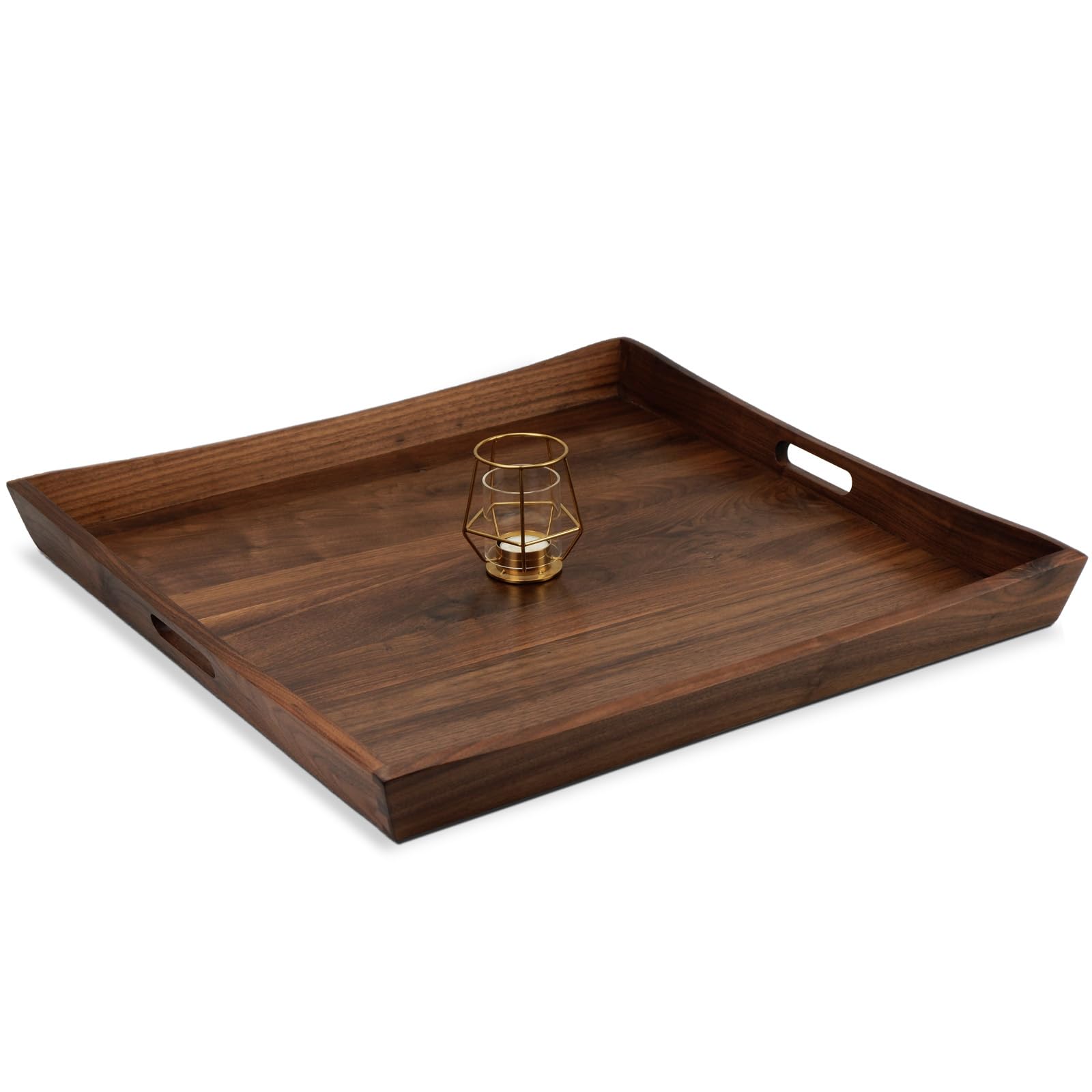 Magigo Brown 24 X 24 Inches Large Square Curved Black Walnut Wood Ottoman Tray With Handles, Serve Tea, Coffee Classic Wooden Decorative Serving Tray