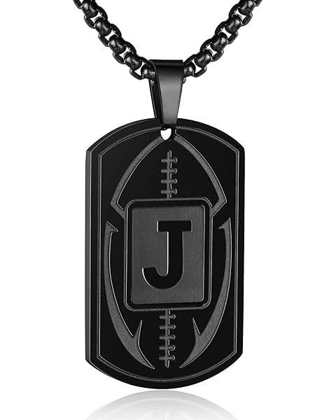 Initial A-Z Dog Tag Necklace for Men - Football Charm Pendant, Stainless Steel Chain 22+2 Inches, Personalized Sports Athletes Jewelry Gift