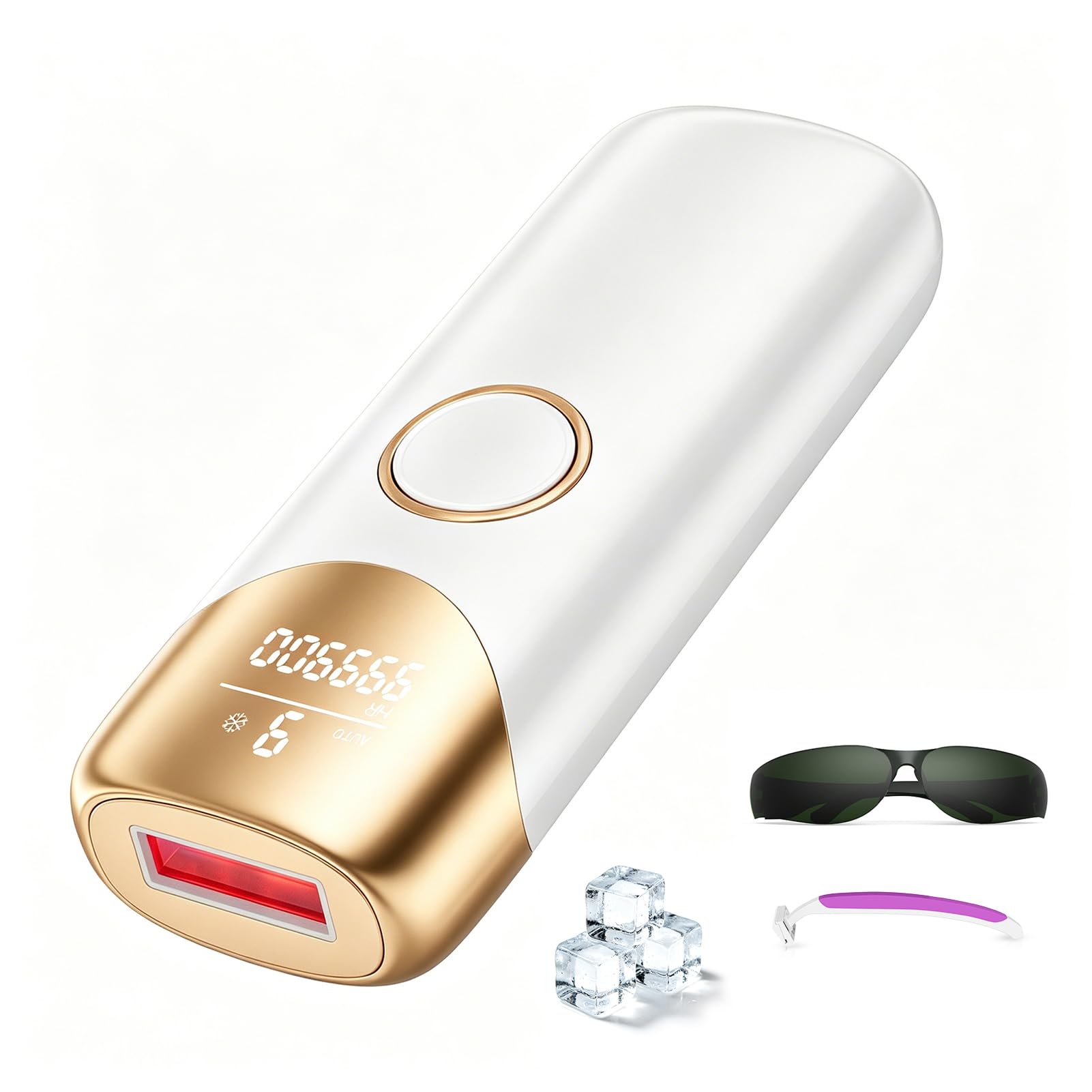 Depiladora Laser con Función de Refrigeración, Depilación Laser con 9 Niveles de Energía Ajustables, 999,900 Flashes, 9 Niveles de Energía, Depiladora Luz Pulsada Para Mujeres, Blanco Dorado
