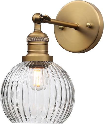 PERMO Apliques de pared antiguos con pantalla de vidrio transparente acanalada, aplique dorado vintage para montaje en pared interior para loft,