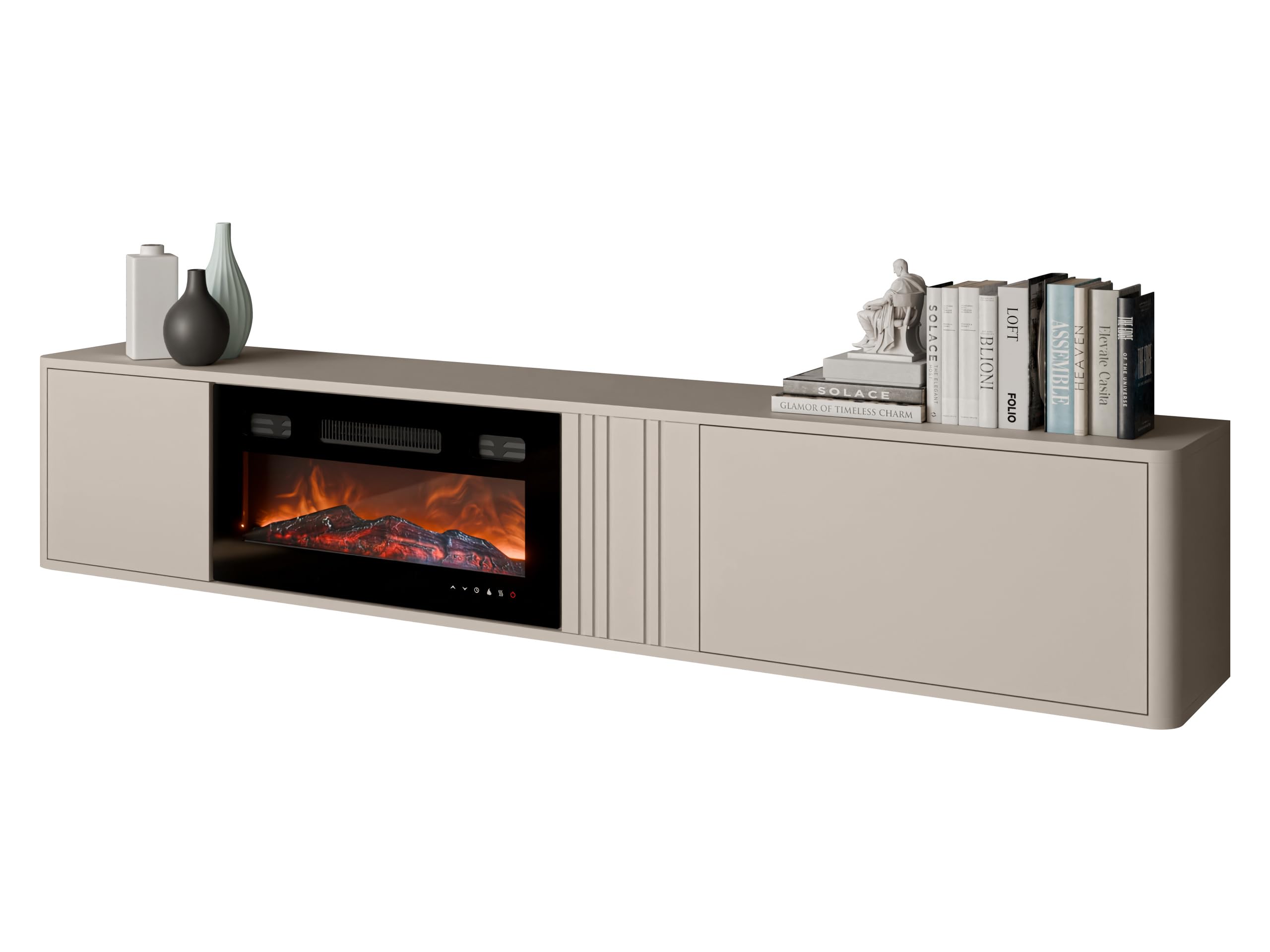 Mirjan24 TV-Schrank Poksin 190 mit elektrischem Kamin, TV-Lowboard mit griffloser Front, realistische LED-Flamme, modernes Wohnzimmermöbel (Cashmere)
